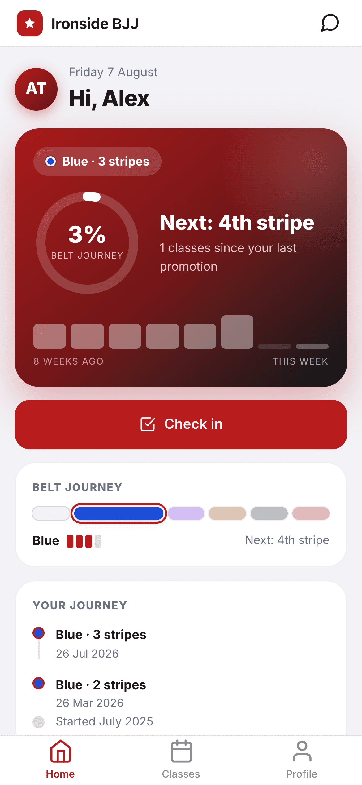 The Clubr member app home screen, showing a member's belt progress and a check-in button