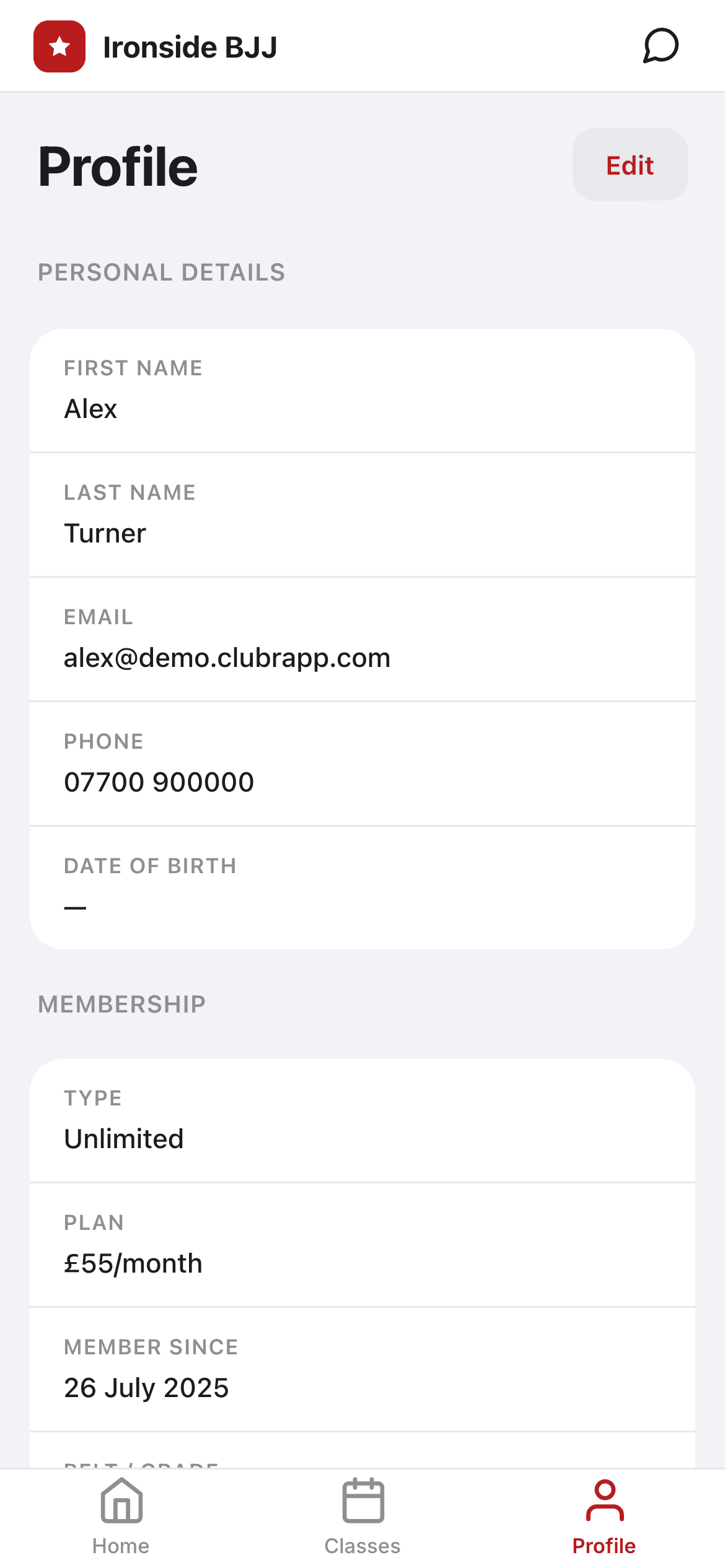 The Clubr member app profile screen