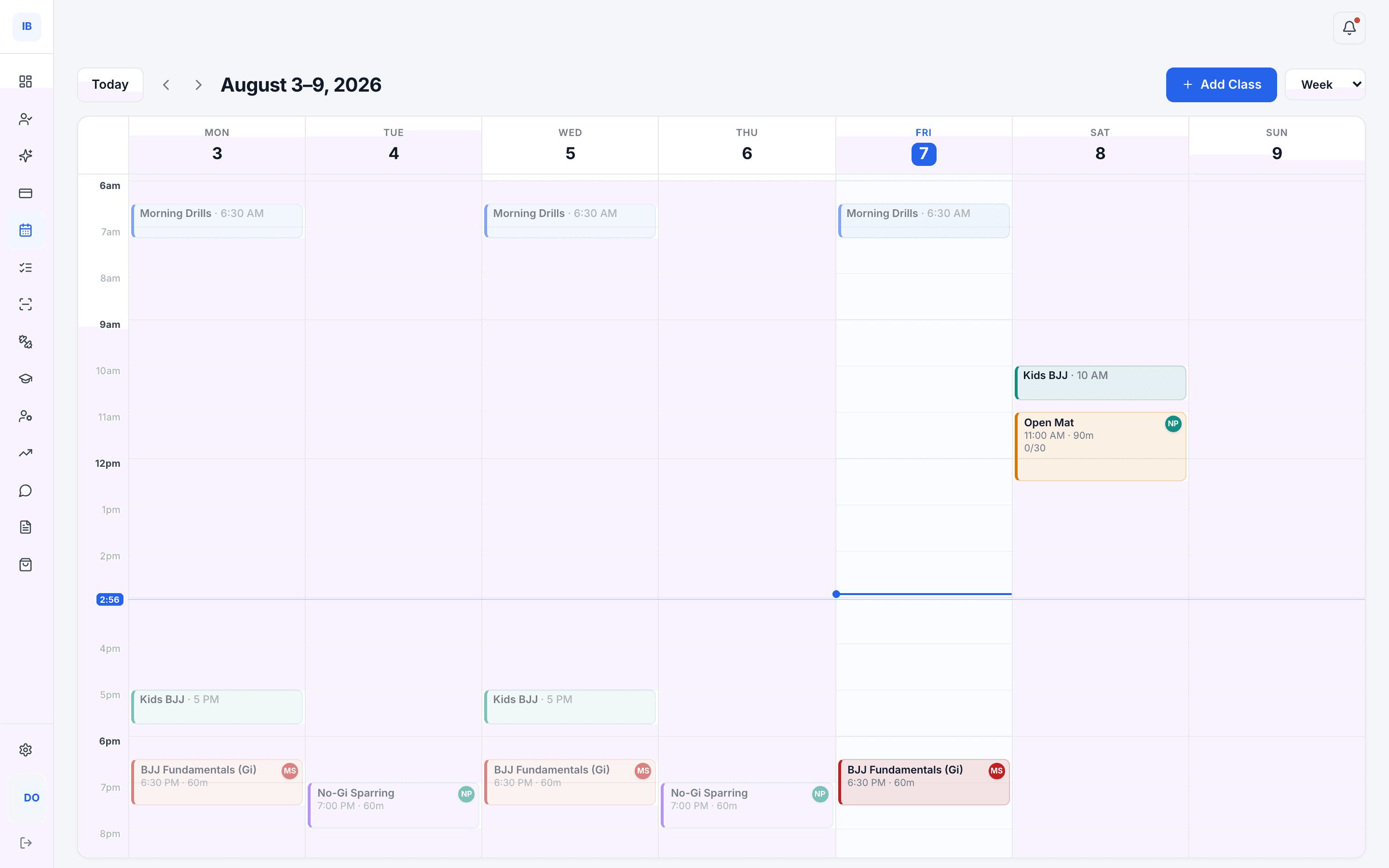 The Clubr dashboard schedule, showing a week of classes colour-coded by type